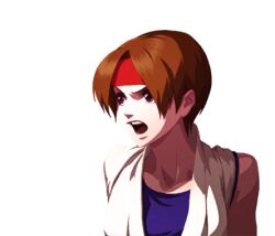 Rule 34 | 1girl, breasts, brown eyes, brown hair, dougi, female focus, hairband, karate gi, medium breasts, open mouth, pale skin, shirt, the king of fighters, yuri sakazaki