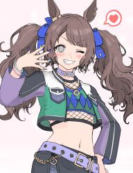 Rule 34 | 1girl, animal ears, bangle, blue eyes, blush, bracelet, breasts, brown hair, collar, commentary request, fishnet top, fishnets, green jacket, green shirt, grin, hands up, heart, highres, horse ears, horse girl, ichimisan, jacket, jewelry, long hair, long sleeves, looking at viewer, multicolored nails, navel, open clothes, open jacket, purple collar, shirt, simple background, smile, solo, spoken heart, stomach, tosen jordan (umamusume), twintails, umamusume, upper body