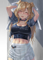 Rule 34 | 1girl, absurdres, black choker, black shirt, blonde hair, breasts, choker, closed eyes, clothes writing, commentary request, denim, denim jacket, drying, drying hair, facing viewer, hair ornament, hairclip, highres, holding, holding towel, jacket, kantai collection, kokuzou, large breasts, long hair, midriff, minneapolis (kancolle), minneapolis (rainy season) (kancolle), navel, official alternate costume, open mouth, pleated skirt, shirt, skirt, smile, solo, towel, two side up, wet, white skirt