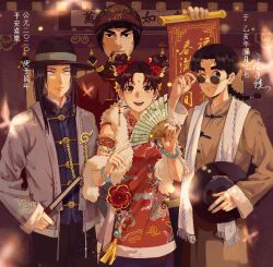 1girl 3boys :d armlet black_hair bracelet braid braided_ponytail brown_coat brown_eyes brown_hair chinese_clothes coat double_bun facial_mark folding_fan forehead_mark gaozijie422 grey_jacket hair_bun hand_fan hat holding holding_fan holding_scroll holding_unworn_clothes holding_unworn_hat hyuuga_neji jacket jewelry looking_at_viewer might_guy multiple_boys naruto_(series) open_mouth rock_lee scarf scroll smile smoking_pipe sunglasses tenten_(naruto) thick_eyebrows unworn_hat unworn_headwear white_eyes white_scarf
