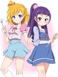 Rule 34 | 2girls, asahina mirai, blonde hair, blue shorts, blunt bangs, blush, dress, hair ornament, high ponytail, izayoi liko, kneehighs, konboi-eg, looking at viewer, mahou girls precure!, multiple girls, ponytail, precure, purple eyes, purple hair, riko (mahou girls precure!), shorts, skirt, smile, socks, wand
