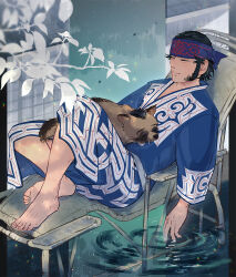 1boy ainu_clothes animalization barefoot beach_chair blue_headband branch closed_mouth collarbone full_body golden_kamuy headband japanese_clothes kadokura_(golden_kamuy) kirawus_(golden_kamuy) long_sideburns male_focus raccoon ripples short_hair sideburns toenails wani_same water waterfall