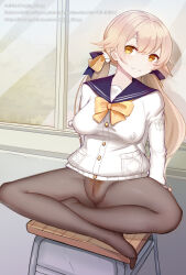 1girl anus black_pantyhose blue_archive blush bottomless breasts brown_hair censored chair covered_erect_nipples feet hifumi_(blue_archive) long_sleeves looking_at_viewer low_twintails magic_xiang no_panties pantyhose pubic_hair pussy sailor_collar school_uniform sitting skirt smile solo twintails window yellow_eyes