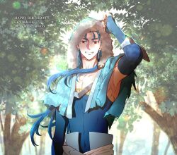 1boy blue_hair capelet covered_navel cu_chulainn_(caster)_(fate) cu_chulainn_(fate) day detached_sleeves earrings english_text fate/grand_order fate_(series) fur-trimmed_capelet fur-trimmed_hood fur_trim happy_birthday hood hood_up hooded_capelet jewelry long_hair looking_at_viewer male_focus midogrnnn open_mouth outdoors red_eyes shirt smile solo tree upper_body