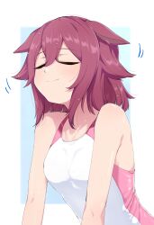 1girl absurdres animal_ears blush breasts collarbone commentary_request competition_swimsuit hair_between_eyes hair_flaps hair_ornament highres horse_ears horse_tail medium_breasts medium_hair nerukichikatafukuma one-piece_swimsuit pink_hair sakura_chiyono_o_(umamusume) smile solo swimsuit tail umamusume wet white_background