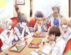 Rule 34 | 3boys, 3girls, alternate costume, animal ear fluff, animal ears, backpack, bag, black hair, blue eyes, blue hair, blue hoodie, blue ribbon, blue shirt, body markings, bracelet, breasts, brown hair, burger, cat ears, cat girl, cellphone, closed eyes, collared shirt, colored skin, commentary request, contemporary, cup, dark-skinned male, dark skin, diner, disposable cup, drink, drinking, drinking straw, eating, eunie (xenoblade), fiery hair, food, food in mouth, french fries, glasses, gradient hair, grey hair, grey skin, grey sweater vest, highres, holding, holding burger, holding cup, holding food, holding pen, hood, hoodie, indoors, jewelry, lanz (xenoblade), long sleeves, medium breasts, medium hair, mio (xenoblade), multicolored hair, multiple boys, multiple girls, neck ribbon, noah (xenoblade), notebook, pen, phone, red ribbon, ribbon, sena (xenoblade), shirt, side ponytail, smartphone, sweater vest, taion (xenoblade), tray, ui frara, white shirt, white sweater vest, xenoblade chronicles (series), xenoblade chronicles 3