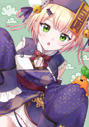 Rule 34 | 1girl, bell, blonde hair, blush, bow, bowtie, braid, braided hair rings, breasts, bun cover, center-flap bangs, cleavage, cloud, commentary request, detached sleeves, double bun, dress, frilled dress, frills, gradient hair, green background, green eyes, hair bun, hair ornament, hair rings, hairclip, hat, highres, hololive, japanese clothes, jingle bell, large breasts, looking at viewer, momosuzu nene, momosuzu nene (jiangshi), multicolored dress, multicolored hair, nekko (momosuzu nene), official alternate costume, official alternate hairstyle, ofuda, open mouth, pink hair, purple dress, purple hat, purple sleeves, red bow, red bowtie, red sash, sash, short hair, sleeves past fingers, sleeves past wrists, sp rikichi09, twitter username, virtual youtuber, white dress