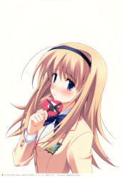 1girl absurdres black_hairband black_headband blonde_hair blush bow bowtie box box_of_chocolates brown_bow brown_jacket brown_ribbon buttoned_cuffs buttons chaos;head chocolate collared_shirt food from_side hairband headband heart-shaped_box highres holding holding_chocolate holding_food jacket lapels letter long_hair long_sidelocks long_sleeves looking_at_viewer love_letter nishijou_nanami notched_lapels official_art plaid_bow plaid_bowtie plaid_clothes purple_eyes ribbon sasaki_mutsumi school_emblem school_uniform shirt shy sidelocks simple_background smile stray_hair suimei_school_uniform valentine white_background white_shirt