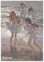 Rule 34 | 4girls, absurdres, alphonse (white datura), barefoot, beach, black hair, braid, brown hair, closed eyes, clothes lift, dress, english text, glasses, hair ribbon, highres, long hair, multiple girls, orange hair, original, outdoors, ribbon, sand, see-through clothes, see-through dress, short hair, skirt, skirt lift, smile, twin braids, twintails, white dress