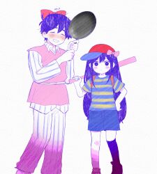 1boy 1girl :d ^_^ ankle_socks antenna_hair asymmetrical_legwear aubrey_(headspace)_(omori) aubrey_(omori) baseball_bat baseball_cap black_socks blue_pants blue_shirt blue_shorts blush bow bright_pupils child closed_eyes collared_shirt colored_skin commentary cosplay double-parted_bangs english_text facing_viewer feet_out_of_frame fingernails frying_pan grin hair_behind_ear hair_between_eyes hair_bow hand_on_own_hip hands_up hat hat_bow hero_(headspace)_(omori) hero_(omori) highres holding holding_baseball_bat holding_frying_pan kneehighs knees_together_feet_apart long_hair long_sleeves looking_at_viewer mother_(series) mother_2 ness_(mother_2) ness_(mother_2)_(cosplay) nintendo number-only_commentary omori open_mouth pants paper_texture paula_(mother_2) paula_(mother_2)_(cosplay) pink_bow pokoponpen purple_eyes purple_hair red_bow red_hat shirt short_hair short_sleeves shorts sidelocks smile socks solo standing straight_hair striped_clothes striped_pants striped_shirt sweatdrop symbol-only_commentary two-tone_shirt vertical-striped_clothes vertical-striped_pants vertical-striped_shirt very_long_hair very_short_hair white_background white_pants white_pupils white_shirt white_skin yellow_shirt