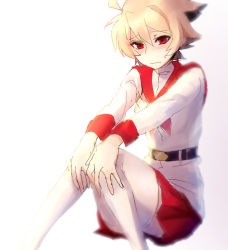 1boy ahoge bad_id bad_pixiv_id black_hair blonde_hair blush cosplay crossdressing embarrassed erika_wagner erika_wagner_(cosplay) kido_hyde knees_together_feet_apart male_focus multicolored_hair red_eyes sitting skirt solo thighhighs trap two-tone_hair under_night_in-birth white_thighhighs yusano