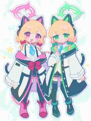 2girls animal_ear_headphones animal_ears anzen_robo_(474zz) aqua_necktie arm_at_side arms_at_sides artist_name black_boots black_coat black_shorts black_skirt black_tail black_thighhighs blonde_hair blue_archive boots bow buttons cat_ear_headphones cat_ears cat_tail chromatic_aberration clenched_hand closed_mouth coat collared_shirt commentary dot_mouth dotted_background fake_animal_ears fake_tail frilled_coat frilled_skirt frills full_body green_bow green_coat green_eyes green_halo hair_bow halo hand_on_own_chest headphones hood hood_down hooded_coat looking_at_viewer low-tied_sidelocks medium_hair midori_(blue_archive) miniskirt momoi_(blue_archive) multicolored_coat multiple_girls necktie off_shoulder open_clothes open_coat open_mouth outline pigeon-toed pink_boots pink_coat pink_eyes pink_halo red_bow school_uniform shirt short_shorts shorts siblings sidelocks sisters skirt smile standing star_(symbol) star_symbol_background suspender_skirt suspenders tail thighhighs twins twitter_username untucked_shirt v-shaped_eyebrows white_background white_coat white_outline white_shirt zettai_ryouiki