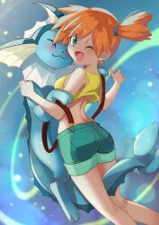 1girl :3 ;d ass asymmetrical_hair between_legs blush breasts crop_top denim denim_shorts eyelashes fufunoko game_freak gen_1_pokemon green_eyes green_shorts gym_leader kneepits legs looking_at_viewer looking_back misty_(pokemon) nintendo one_eye_closed open_mouth orange_hair pokemon pokemon_(anime) pokemon_(classic_anime) ponytail shirt short_hair short_shorts shorts side_ponytail sleeveless sleeveless_shirt smile solo suspenders tank_top thighs tongue vaporeon wink yellow_shirt yellow_tank_top