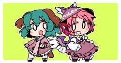 Rule 34 | 0 0, 2girls, :d, animal ears, bird ears, bird wings, blush, border, brown dress, brown footwear, brown hat, brown socks, clenched hand, commentary request, dog ears, dog girl, dog tail, dress, earrings, full body, green background, green hair, grin, hands on own hips, hat, ini (inunabe00), jewelry, kasodani kyouko, long sleeves, multiple girls, mystia lorelei, open mouth, outline, pink hair, shirt, shoes, short hair, simple background, single earring, sleeve garter, smile, socks, standing, tail, touhou, v-shaped eyebrows, white border, white outline, white shirt, white socks, winged footwear, winged hat, wings