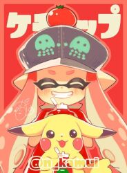 1girl artist_name blue_hat bottle cabbie_hat closed_eyes commentary_request creatures_(company) facing_viewer food food_on_head game_freak gen_1_pokemon grin hat holding holding_bottle inkling inkling_girl inkling_player_character kamui_natsuki ketchup_bottle long_hair nintendo object_on_head pikachu pointy_ears pokemon pokemon_(creature) red_background red_hair red_shirt shirt signature smile splatoon_(series) splatoon_2 tentacle_hair tomato