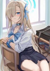 1girl asuna_(blue_archive) asuna_(school_uniform)_(blue_archive) blonde_hair blue_archive blue_bow blue_eyes blue_ribbon blue_scrunchie blue_skirt bow breasts chair cleavage closed_mouth desk hair_ornament hair_over_one_eye hair_ribbon highres large_breasts long_hair looking_at_viewer official_alternate_costume ribbon school_chair school_desk scrunchie shirt skirt smile solo very_long_hair wangqi white_shirt