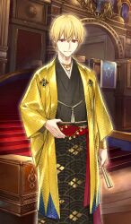 1boy arm_at_side black_kimono blonde_hair command_spell commentary fate/grand_order fate_(series) feet_out_of_frame folded_fan folding_fan formal_clothes gilgamesh gilgamesh_(caster)_(fate) gilgamesh_(fate) gilgamesh_(formal_dress)_(fate) ginka_sima gold_necklace hair_between_eyes hakama hakama_skirt hand_fan hand_on_belt haori holding holding_fan indoors japanese_clothes jewelry kimono light_particles light_smile looking_at_viewer lord_camelot_(fate) male_focus necklace necklace_under_clothes official_art print_haori red_eyes red_sash sash short_hair skirt solo standing third-party_source v-shaped_eyebrows yellow_haori