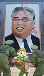 1girl 2boys absurdres araga_kiwi boots commentary dated_commentary foot_out_of_frame green_boots green_hair green_hat green_pants green_shirt gun hat hat_ornament highres holding holding_gun holding_weapon kim_il-sung mahou_shoujo_ni_akogarete medium_hair multiple_boys nekokatana_catana no_pants open_mouth painting_(object) pants photo-referenced real_life red_eyes shirt sleeves_past_fingers sleeves_past_wrists soldier solo_focus standing standing_on_one_leg star_(symbol) star_hat_ornament vandalism weapon
