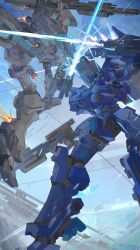 Rule 34 | 621 (armored core vi), absurdres, armored core, armored core vi: fires of rubicon, assault rifle, duel, energy sword, glowing, glowing eye, green eyes, gun, highres, holding, holding gun, holding weapon, loader 4, locksmith (armored core vi), mecha, mecha focus, no humans, nslacka, one-eyed, rifle, robot, science fiction, sword, sword clash, v.i freud, weapon