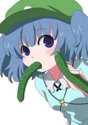 1girl bad_id bad_pixiv_id blue_eyes blue_hair cucumber female_focus hat ica kawashiro_nitori key matching_hair/eyes mouth_hold sexually_suggestive short_hair solo touhou two_side_up