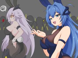 2girls alternate_costume angry azur_lane blue_eyes blue_hair blush_stickers breasts choker eyelashes garter_straps hair_between_eyes hair_intakes hand_on_own_hip heart jaggi_95 large_breasts long_hair multiple_girls new_jersey_(azur_lane) new_jersey_(exhilarating_steps!)_(azur_lane) official_alternate_costume open_mouth pantyhose people rabbit_ears rabbit_tail shaded_face sideboob sweatdrop tester_(azur_lane) very_long_hair white_hair yellow_eyes,