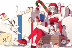 1girl azur_lane box cat christmas crossed_legs gift gift_box gloves hat hatski.sin high_heels highres jean_bart_(azur_lane) kneehighs long_hair manjuu_(azur_lane) midriff santa_costume santa_hat sitting smile socks solo too_many white_background