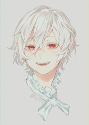 Rule 34 | 1boy, 23i2ko, :d, bow, bowtie, collar, double-parted bangs, fangs, frilled collar, frills, hair between eyes, highres, looking at viewer, messy hair, open mouth, original, pointy ears, portrait, red eyes, short hair, simple background, smile, solo, twitter username, white background, white hair