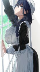 1girl apron arm_up black_dress blue_eyes blue_hair braid breast_press breasts cleaning commentary dress eyelashes hat hews highres hololive hololive_english indoors large_breasts long_hair looking_up low_twin_braids maid maid_apron mob_cap muntins official_alternate_costume official_alternate_hairstyle ouro_kronii ouro_kronii_(maid) parted_lips sidelighting solo twin_braids virtual_youtuber window