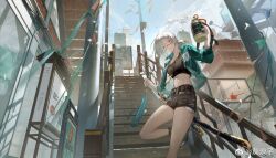 Rule 34 | 1girl, basketball hoop, black shorts, black skirt, black socks, blue sky, bottle, building, cowboy shot, cropped shirt, from below, glasses, guilongchao, hands up, highres, holding, holding bottle, huishazi, id card, knife sheath, lanyard, leg up, looking at viewer, looking down, medium hair, official art, outdoors, ponytail, sheath, sheathed, short ponytail, short shorts, shorts, skirt, sky, smile, socks, solo, spill, stairs, standing, standing on one leg, stomach, watermark, weapon, weapon on back, weibo watermark, white hair, xingmu (guilongchao)