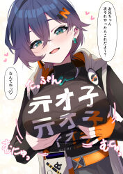 1girl absurdres alternate_breast_size belle_(zenless_zone_zero) black_jacket black_nails black_shirt blue_hair blush breasts clothes_writing earrings fingerless_gloves gloves grabbing_own_breast green_eyes hair_ornament highres jacket jewelry letter_hair_ornament looking_at_viewer orange_gloves parted_lips shirt simple_background solo speech_bubble tonomiya68 translation_request upper_body white_background zenless_zone_zero