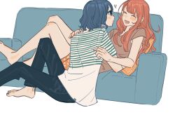 Rule 34 | 2girls, ^ ^, barefoot, blue eyes, blue hair, blue nails, blue pants, blush, braid, braided bangs, brown hair, brown shirt, closed eyes, closed mouth, commentary request, couch, couple, hanasato minori, hand on another&#039;s shoulder, highres, hug, kani (kaniya), kiritani haruka, looking at another, lower teeth only, lying, multiple girls, nail polish, on back, on couch, on ground, open mouth, orange nails, orange shorts, pants, pillow, project sekai, shirt, short hair, shorts, simple background, single sidelock, sitting, striped clothes, striped shirt, teeth, white background, white shirt, yuri