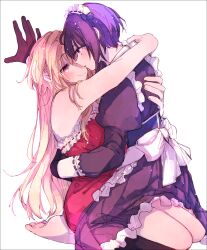 2girls amane_(7783) apron arms_around_neck bare_arms black_dress black_gloves black_pantyhose blonde_hair blush character_request commentary_request dress gloves highres idolmaster idolmaster_cinderella_girls maid maid_headdress multiple_girls pantyhose parted_lips purple_eyes purple_hair red_dress red_eyes short_hair simple_background smile sweat white_apron white_background white_headdress yuri