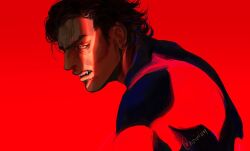 1boy black_hair bodysuit commentary eiririin fangs hair_slicked_back highres male_focus marvel miguel_o&#039;hara open_mouth profile red_background signature simple_background solo spider-man:_across_the_spider-verse spider-man_(2099) spider-man_(series) spider-verse twitter_username upper_body