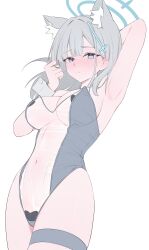 Rule 34 | absurdres, alternate costume, animal ear fluff, animal ears, armpits, arms behind head, bare arms, blue archive, blue eyes, blush, breasts, closed mouth, covered navel, cross hair ornament, ear blush, embarrassed, extra ears, grey leotard, hair ornament, highleg, highleg leotard, highres, large breasts, leotard, looking at viewer, pasties, playing with own hair, rable, see-through clothes, see-through leotard, shiroko (blue archive), shiroko terror (blue archive), teeth, thigh strap, wolf ears, wolf girl, wrist cuffs