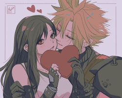 1boy 1girl armor bare_shoulders black_gloves black_hair blonde_hair bracelet breasts closed_eyes cloud_strife collarbone commentary couple earrings elbow_gloves english_commentary final_fantasy final_fantasy_vii final_fantasy_vii_rebirth final_fantasy_vii_remake fingerless_gloves gloves heart hetero holding holding_heart jewelry kiss kissing_cheek light_blush long_hair looking_at_viewer medium_breasts miyukiko parted_lips red_eyes short_hair shoulder_armor signature single_sidelock sleeveless sleeveless_turtleneck spiked_hair stud_earrings suspenders sweater swept_bangs tank_top tifa_lockhart turtleneck turtleneck_sweater upper_body valentine white_tank_top