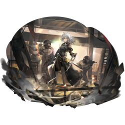 1girl 3others bandages black_pantyhose bullpup faux_figurine fingerless_gloves full_body game_cg girls&#039;_frontline girls&#039;_frontline_neural_cloud gloves gun highres holding holding_bandages holding_gun holding_weapon knee_pads looking_at_viewer multiple_others official_art olivia_(neural_cloud) pantyhose porafree scope single_knee_pad solo_focus standing third-party_source transparent_background weapon white_hair yellow_eyes