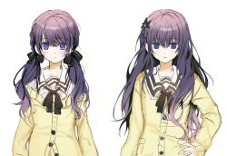 1girl asahina_mafuyu black_bow black_bowtie borrowed_clothes bow bowtie buttons cardigan closed_mouth cocotea collarbone cosplay empty_eyes flower_hairpin hair_between_eyes hair_bow hair_ornament hair_over_shoulder hand_on_own_hip highres kimi_to_kanojo_to_kanojo_no_koi. light_blush long_hair long_sleeves looking_at_viewer low_twintails mukou_aoi_(totono) mukou_aoi_(totono)_(cosplay) multiple_hair_bows multiple_views nitroplus off_shoulder parted_lips pocket project_sekai purple_eyes purple_hair sailor_collar school_uniform serafuku simple_background sone_miyuki sone_miyuki_(cosplay) straight_hair twintails white_background white_sailor_collar white_serafuku yellow_cardigan