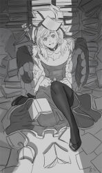 1girl book book_stack breasts cardinal_(ragnarok_online) chinese_commentary cleavage cleavage_cutout clothing_cutout commentary_request cross dated_commentary frilled_sleeves frills full_body greyscale high_heels long_sleeves looking_at_viewer medium_breasts monochrome open_mouth papers ragnarok_online shoes short_hair sitting smile solo thighhighs wide_sleeves z.i