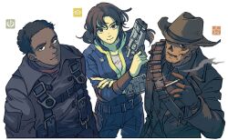 1girl 2boys bandolier belt black_hair brotherhood_of_steel brown_hair cigarette cowboy_hat dark_skin duster fallout_(prime_video) fallout gun handgun hat highres holding holding_cigarette looking_at_viewer lucy_maclean maximus_(fallout) multiple_boys pip_boy sayodoko smile smoking the_ghoul_(fallout_tv_series) vault_suit weapon white_background
