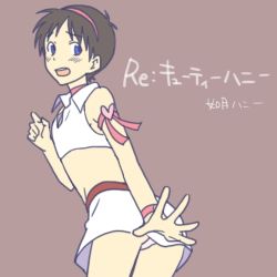 1boy bare_shoulders blue_eyes blush bracelet brown_hair character_name company_connection copyright_name cosplay crossdressing crossdressing_(mtf) cutie_honey eitoman gainax hairband ikari_shinji jewelry kisaragi_honey kisaragi_honey_(cosplay) looking_back lowres male_focus neon_genesis_evangelion open_mouth re:_cutie_honey short_hair simple_background solo