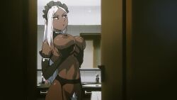 1girl animated bad_tag bouncing_breasts breasts dark-skinned_female dark_skin female female_focus flou flou_(flou_art) h264_(codec) headdress highres huge_breasts huge_filesize indoors landscape large_breasts long_hair looking_at_viewer maid maid_headdress nipples original panties solo sound standing stella_(flou) tagme underwear uniform video wet white_hair