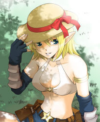 1girl belt belt_buckle belt_pouch bikini bikini_top_only black_gloves blonde_hair blue_eyes blue_shorts bow breasts brown_belt buckle cleavage commentary_request dappled_sunlight elbow_gloves fingerless_gloves gloves grass hat hat_bow looking_at_viewer medium_breasts navel pointy_ears pouch ragnarok_online red_bow shiikasan short_hair short_shorts shorts sitting smile solo star_(symbol) sun_hat sunlight swimsuit upper_body white_bikini whitesmith_(ragnarok_online)