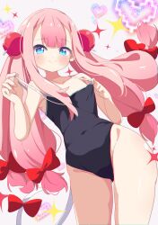Rule 34 | 1girl, absurdres, bare shoulders, black one-piece swimsuit, blue eyes, blush, bomber girl (1993 manga), bombergirl, bow, closed mouth, clothes pull, collarbone, commission, competition school swimsuit, covered navel, flat chest, groin, hair bow, hair ornament, heart, highres, long hair, looking at viewer, low-tied long hair, momoko (bombergirl), one-piece swimsuit, one-piece swimsuit pull, pink hair, pulling own clothes, red bow, school swimsuit, shiro9jira, skeb commission, smile, solo, sparkle, standing, strap pull, swimsuit, tail, tail bow, tail ornament, thighs, twintails, very long hair