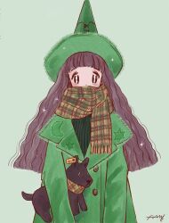 Rule 34 | 1girl, artist name, black eyes, black hair, black sweater, buttons, coat, comcomblue, commentary, fringe trim, green background, green coat, green hat, green scarf, hat, highres, lapels, long hair, original, plaid clothes, plaid scarf, scarf, scarf over mouth, signature, simple background, solo, standing, stuffed animal, stuffed dog, stuffed toy, sweater, upper body, wavy hair, witch, witch hat