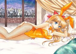 1girl aino_minako animal_ears bishoujo_senshi_sailor_moon blonde_hair blue_eyes bow breasts fishnet_pantyhose fishnets hair_bow large_breasts leotard long_hair looking_at_viewer lying pantyhose playboy_bunny rabbit_ears sailor_venus smile solo tegaki_no_yuu wrist_cuffs