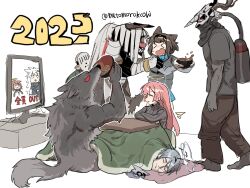 Rule 34 | &gt; &lt;, 2025, 4girls, 5boys, alternate costume, andoain (arknights), animal ears, arknights, bald, black hairband, black jacket, black shirt, black skin, black sweater, bowl, brown pants, character request, check character, closed eyes, colored skin, crossed arms, crying, drinking, exusiai (arknights), famiglia cleaner, fox ears, fox girl, fox tail, grey hair, hairband, halo, hands on another&#039;s shoulders, highres, hockey mask, holding, holding bowl, horns, jacket, kotatsu, lappland (arknights), layered sleeves, lemuen (arknights), long sleeves, mask, miso soup, monster boy, multiple boys, multiple girls, muscular, muscular male, mutomorokoshi, new year, nose bubble, open mouth, pants, patriot (arknights), pink hair, rhodes island medic (arknights), ribbed sweater, sarkaz wither devourer, scared, shirt, short hair, short over long sleeves, short sleeves, simple background, sitting, skull mask, sleeping, small sweatdrop, smile, streaming tears, sweater, t-shirt, table, tail, tears, twitter username, under kotatsu, under table, walking, werewolf, white background, white hair, zaaro (arknights)