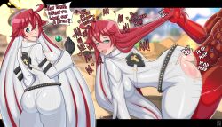 1boy 1girl ass black_gloves bodysuit breasts candy dragon_install english_text food gloves grabbing_another&#039;s_hair green_eyes guilty_gear guilty_gear_strive hair_between_eyes halo hetero highres holding_another&#039;s_hair huge_ass jack-o&#039;_valentine large_breasts long_hair looking_at_viewer moaning multicolored_hair multiple_views nahusmash one_eye_closed plap red_hair sex sex_from_behind sol_badguy speech_bubble standing standing_sex torn_bodysuit torn_clothes two-tone_hair vaginal white_bodysuit white_hair wink