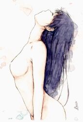 1girl absurdres arched_back bbmasa black_hair blue_background breasts closed_eyes commentary completely_nude cowboy_shot falling_petals from_side gradient_background head_tilt hibike!_euphonium highres liz_to_aoi_tori long_hair medium_breasts no_nipples nude petals profile signature solo traditional_media yoroizuka_mizore