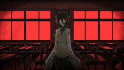 Rule 34 | 1girl, absurdres, agnes tachyon (umamusume), ahoge, animal ear piercing, animal ears, black necktie, black pants, breasts, brown hair, classroom, coat, collared shirt, commentary, cowboy shot, crazy eyes, crazy smile, docileart, double-parted bangs, english commentary, flask, glitch, glowing, glowing eyes, hair between eyes, highres, hip flask, horse ears, horse girl, horse tail, indoors, long sleeves, looking at viewer, necktie, open mouth, pants, red eyes, red theme, shirt, short hair, signature, smile, solo, standing, straight-on, sweater, tail, umamusume, white coat, window, yellow sweater