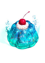 absurdres animal blue_theme cherry commentary dessert fish food food_focus fruit gelatin highres in_food no_humans original pixiv_id simple_background surgeonfish sweets tropical_fish twitter_username undersized_animal uroko_(rwde4544) whale whipped_cream white_background
